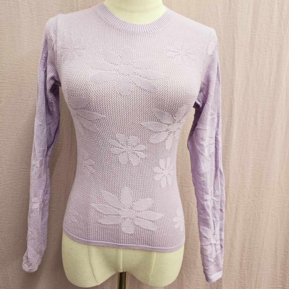 NWOT BBWM Knit Crew Neck Floral Pointelle Knit Sheer Fitted Sweater-Purple,Large